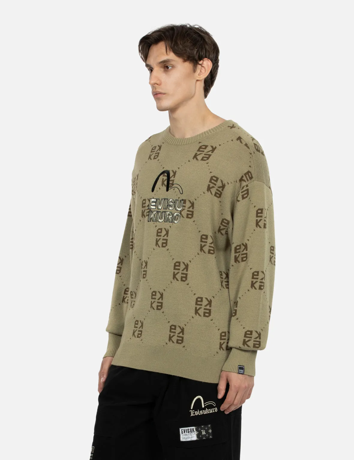 Logo Embroidery Monogram Jacquard Relaxed Fit Sweater