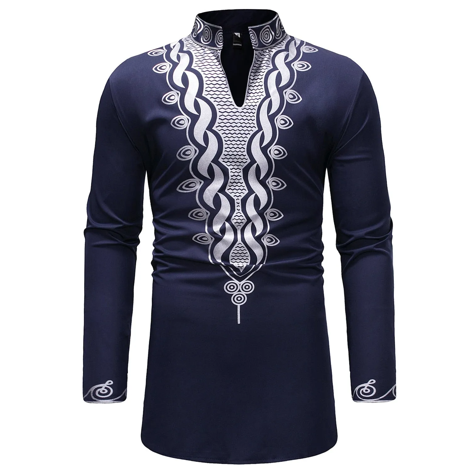 Men's African Tribal Slim Fitted Longline Mandarin Collar Long Sleeve Shirt