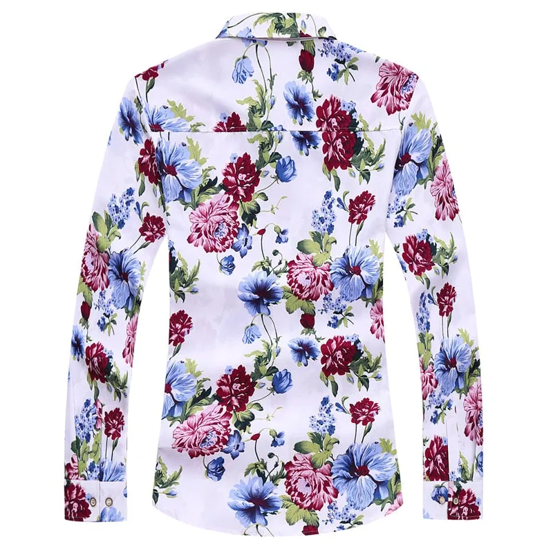 Men's Casual Plant Floral Printed Pattern Slim Fit Long Sleeve Shirt