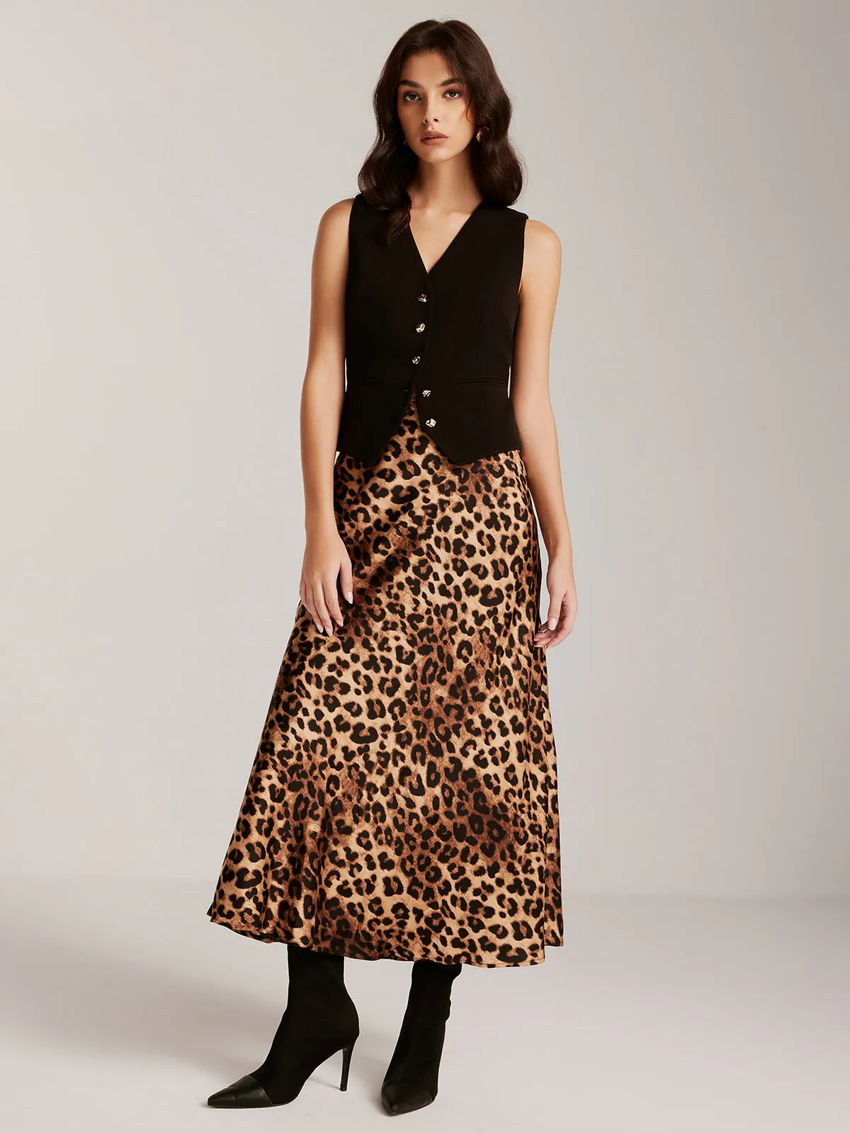 Metal-Button Vest With Leopard Zipper Skirt Set