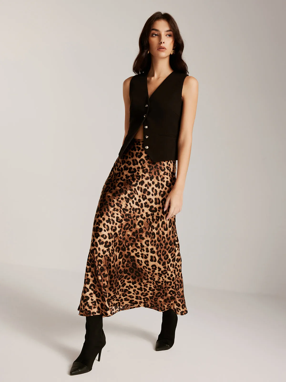 Metal-Button Vest With Leopard Zipper Skirt Set