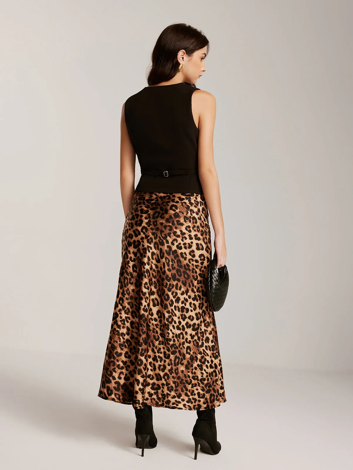 Metal-Button Vest With Leopard Zipper Skirt Set