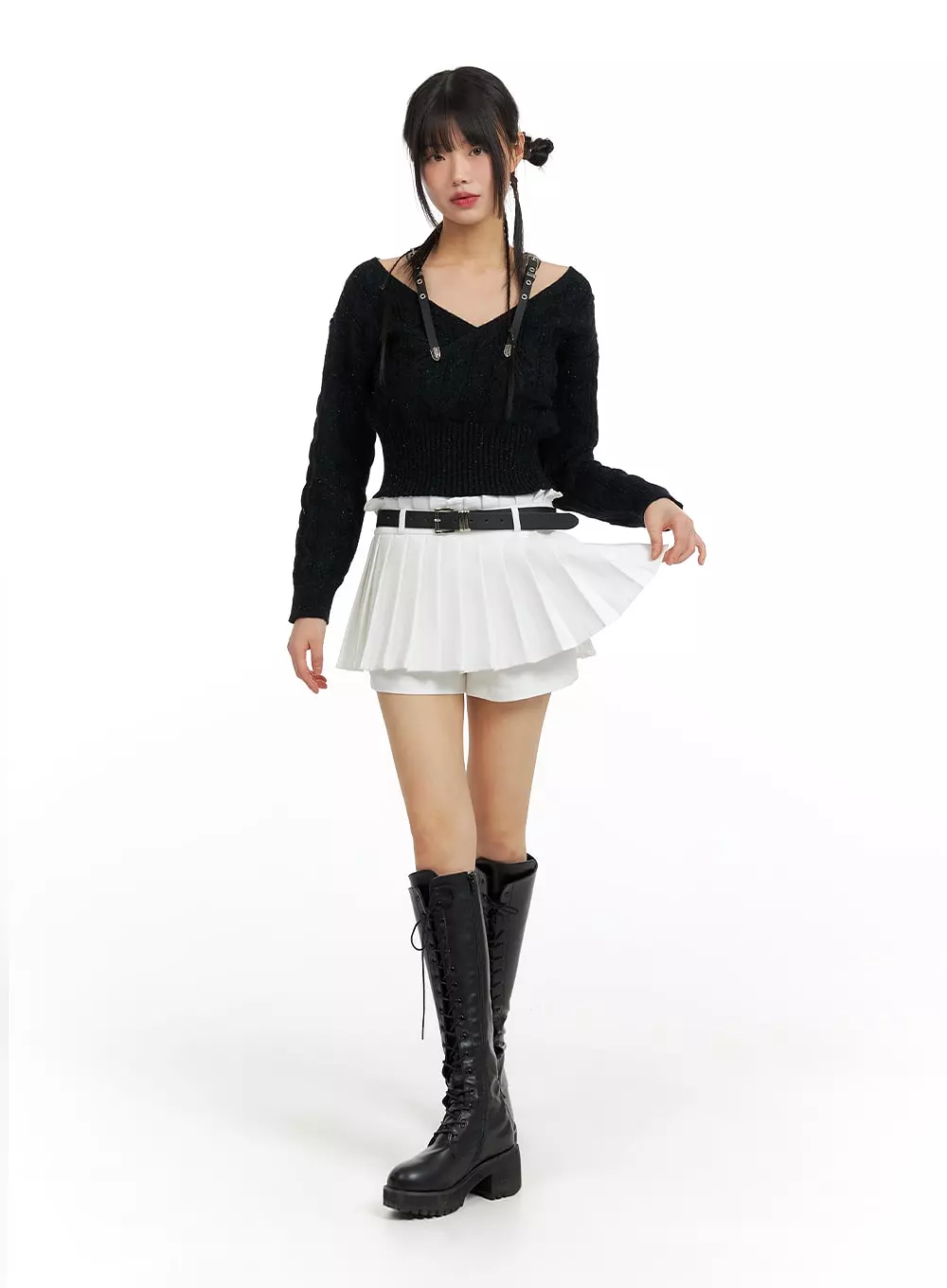 Mid Waist Pleated Mini Skirt with Belt CF420