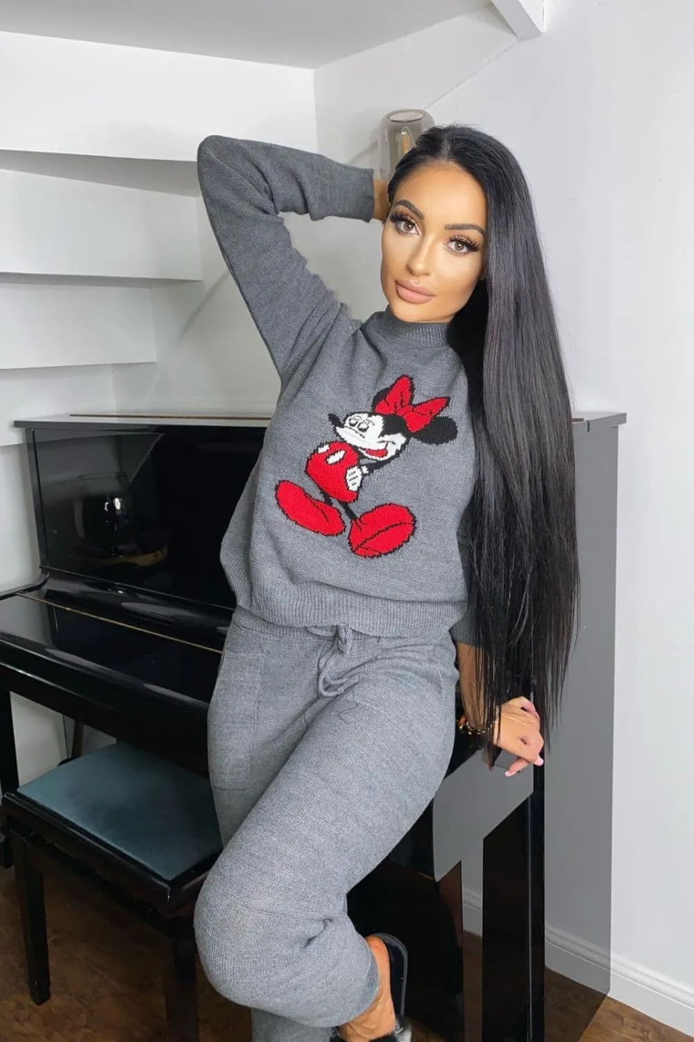 Minnie Mouse Grey Knit Woven Cartoon Lounge Set