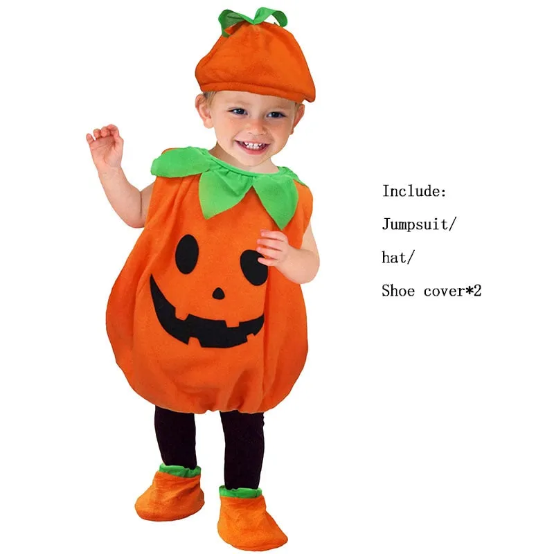 Newly Cosplay Halloween Toddler Baby Kid Pumpkin Print Sleeveless Romper Jumpsuits Tops+Hats Baby Clothes Costumes