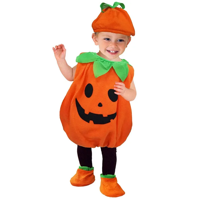 Newly Cosplay Halloween Toddler Baby Kid Pumpkin Print Sleeveless Romper Jumpsuits Tops+Hats Baby Clothes Costumes