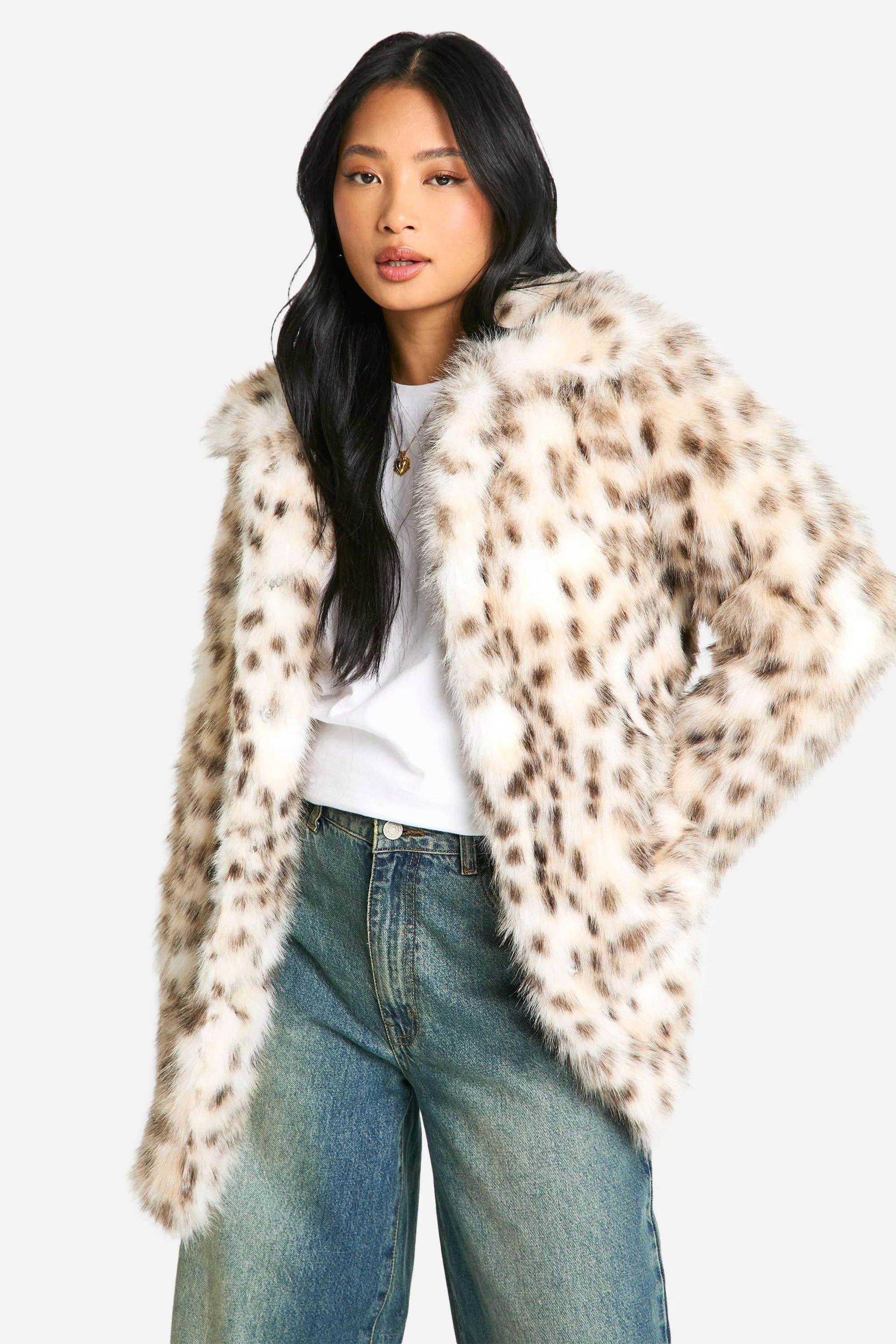 Petite Snow Leopard Faux Fur Coat