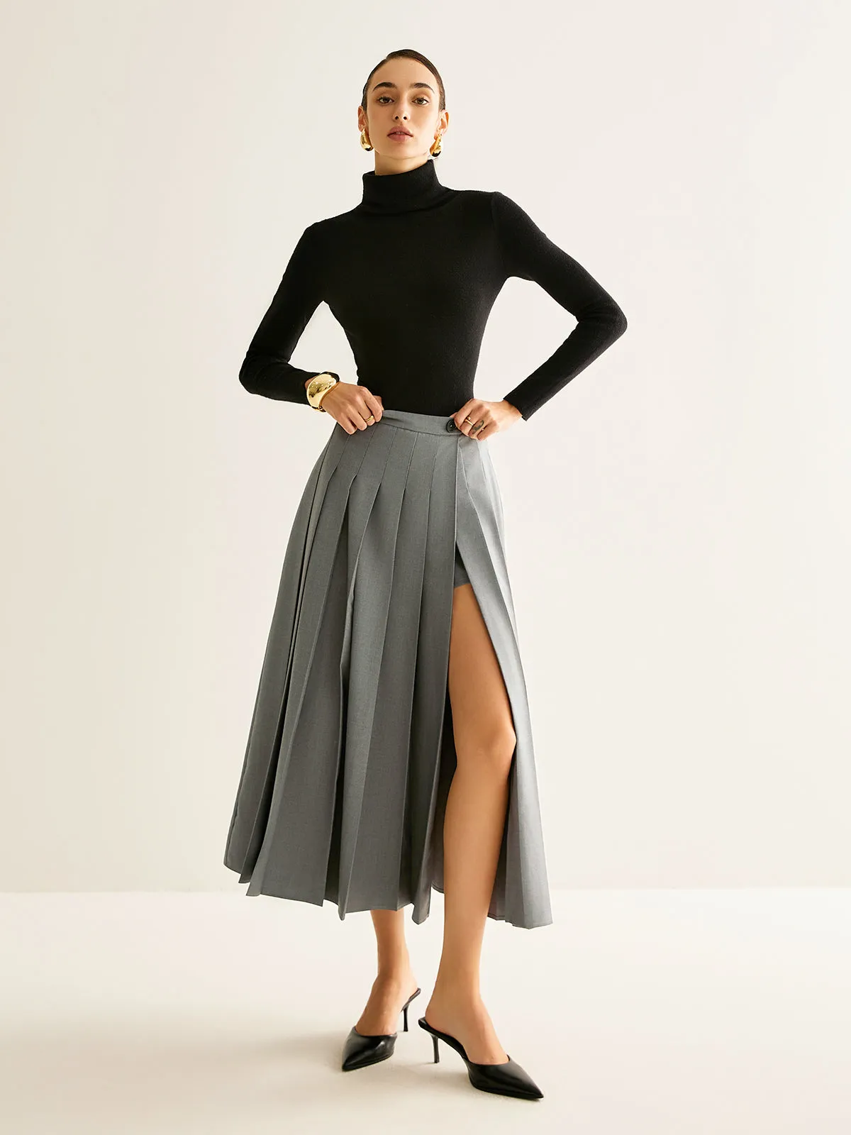 Pleated Slit Zipper Skirt