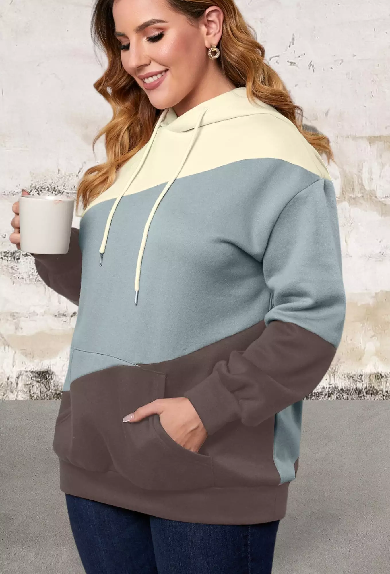 Plus Size Colorblock Kangaroo Pocket Hoodie