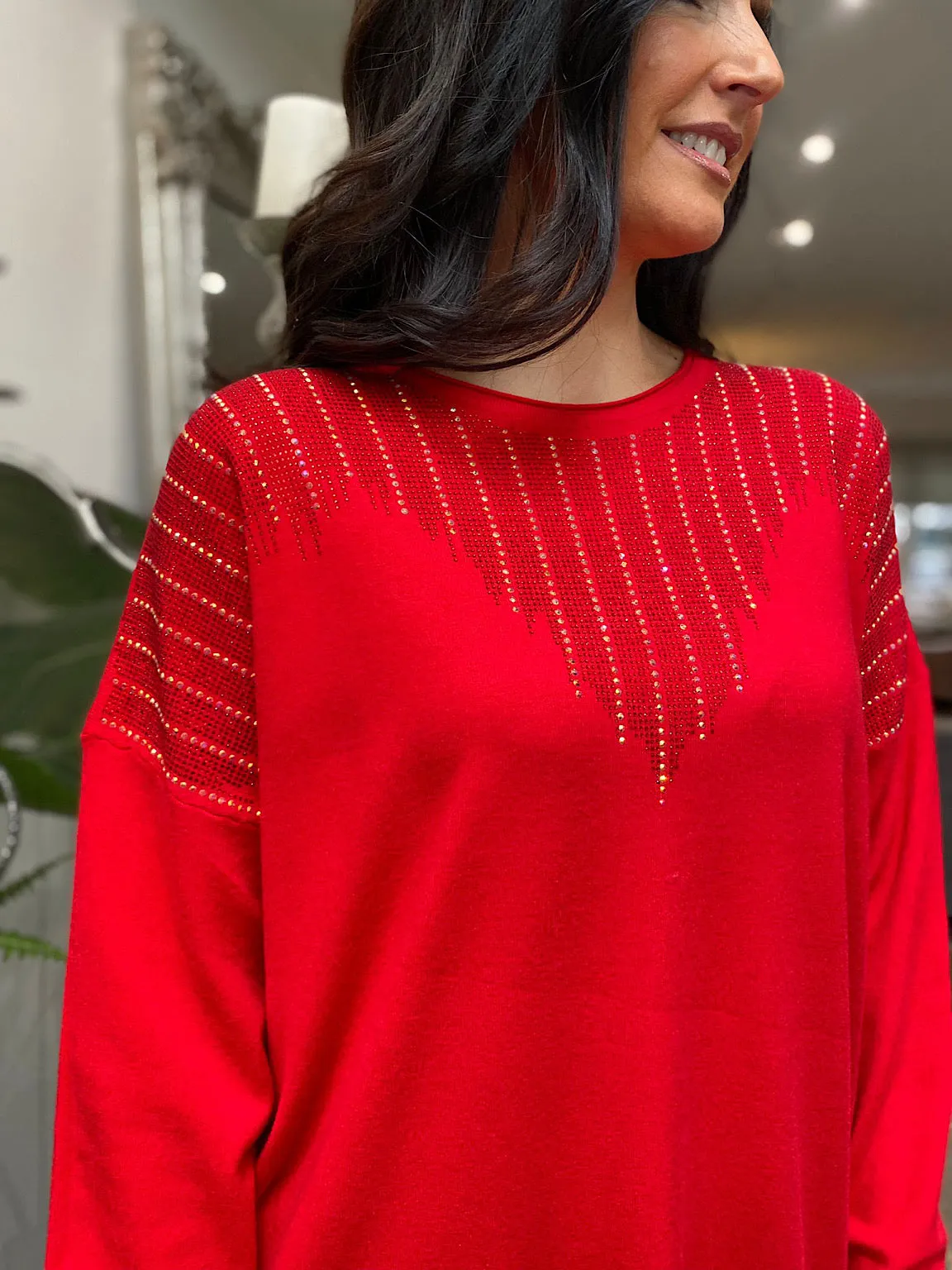 Red Diamante Pattern Knit Fern