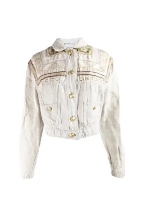 Roccobarocco Vintage Embroidered White Linen & Cotton Denim Jacket