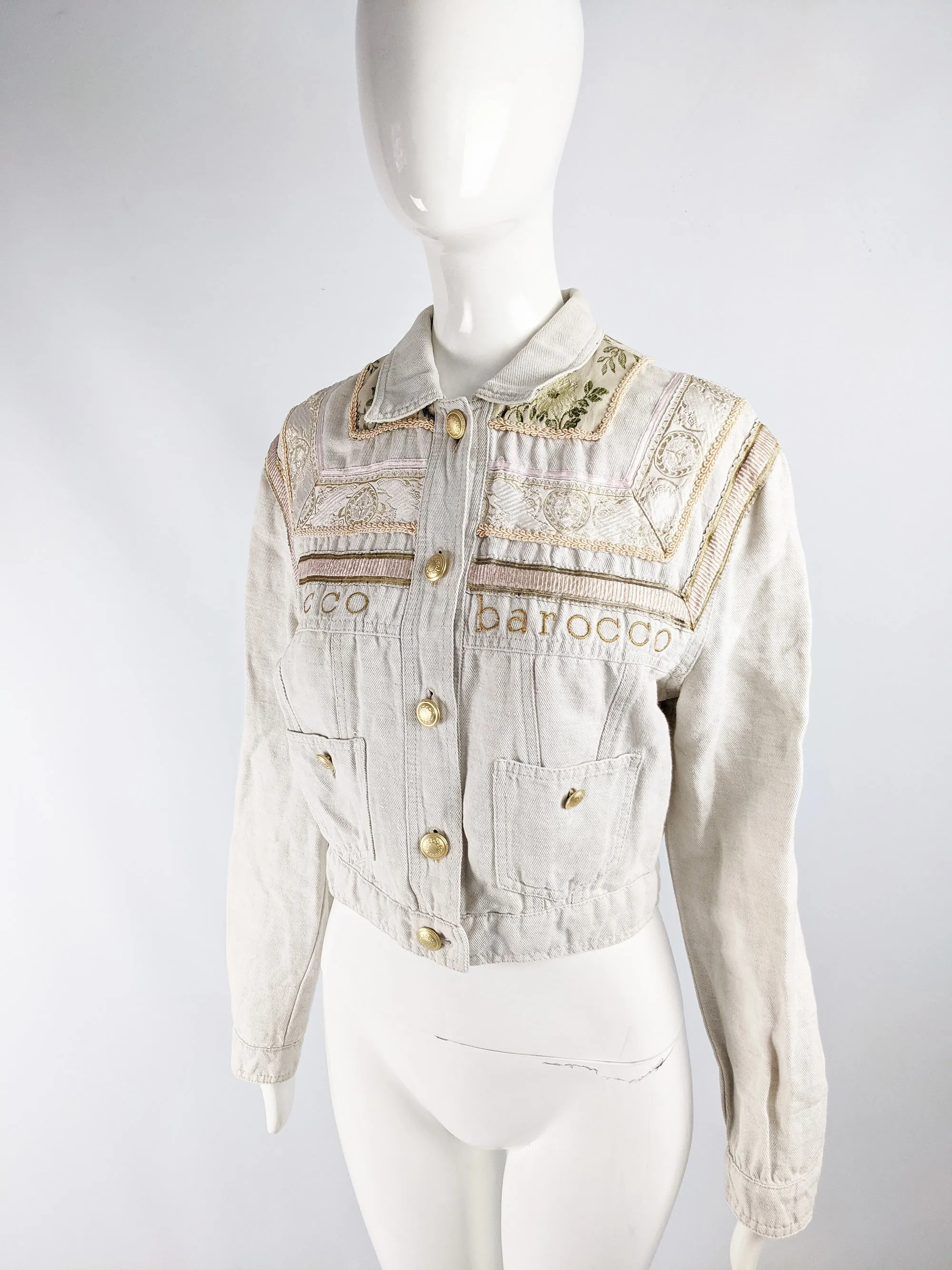 Roccobarocco Vintage Embroidered White Linen & Cotton Denim Jacket