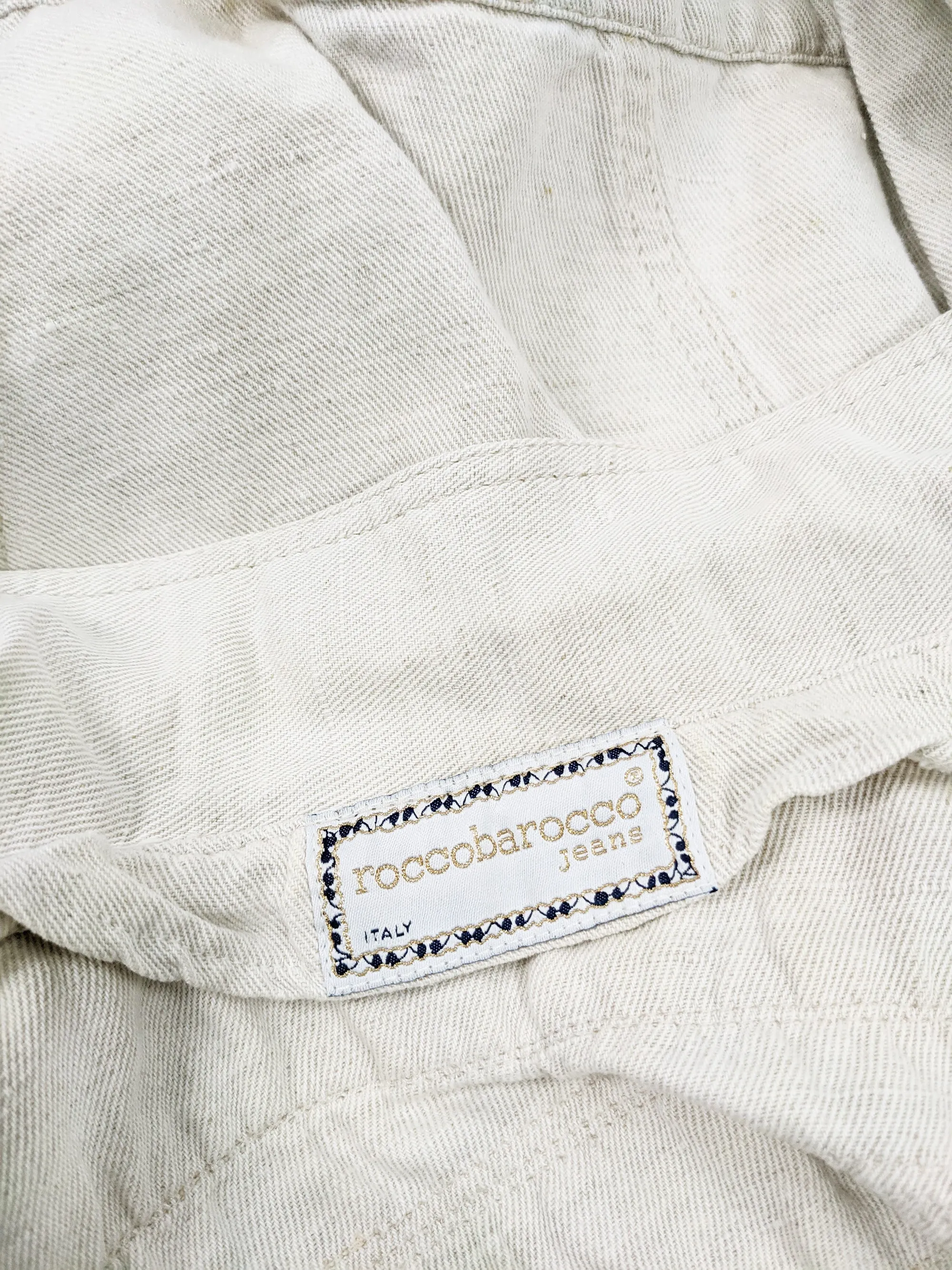 Roccobarocco Vintage Embroidered White Linen & Cotton Denim Jacket