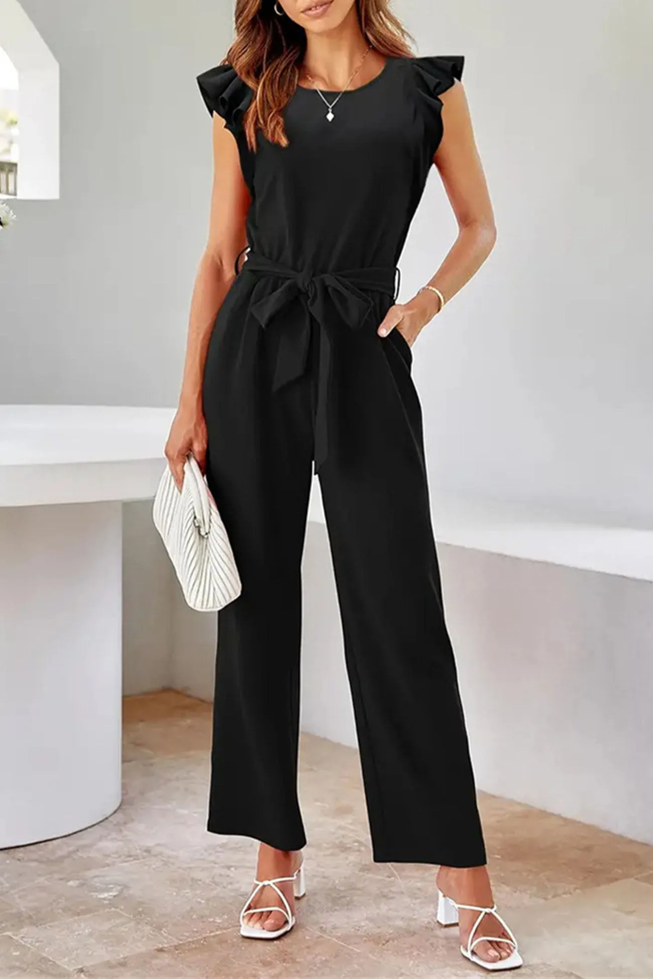 Ruffled Tie Waist Sleeveless Jumpsuits