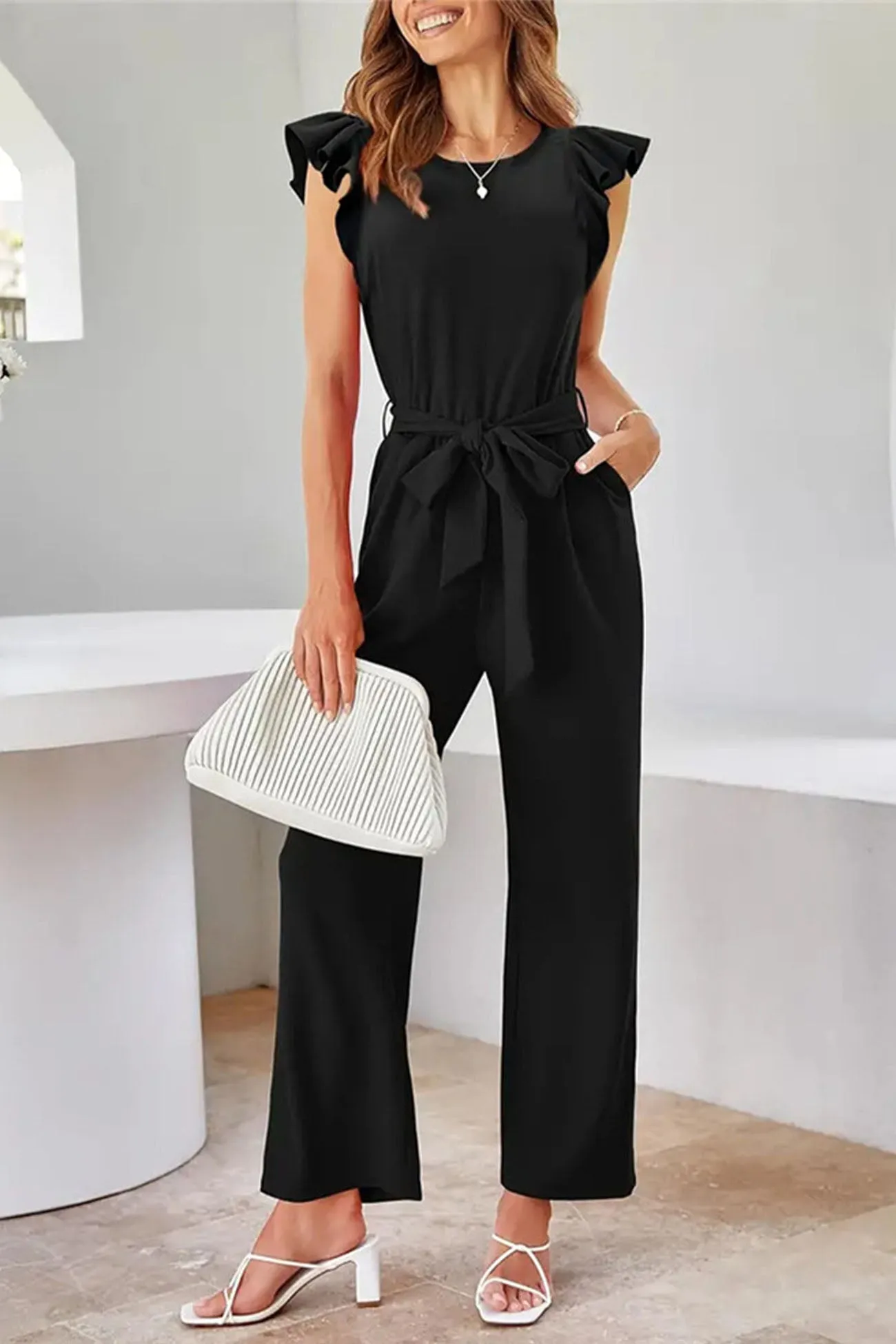 Ruffled Tie Waist Sleeveless Jumpsuits