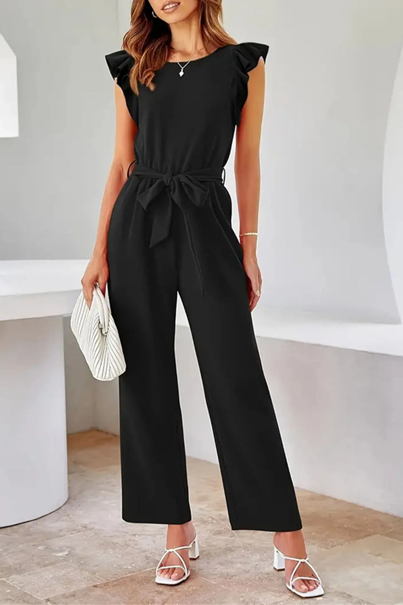 Ruffled Tie Waist Sleeveless Jumpsuits