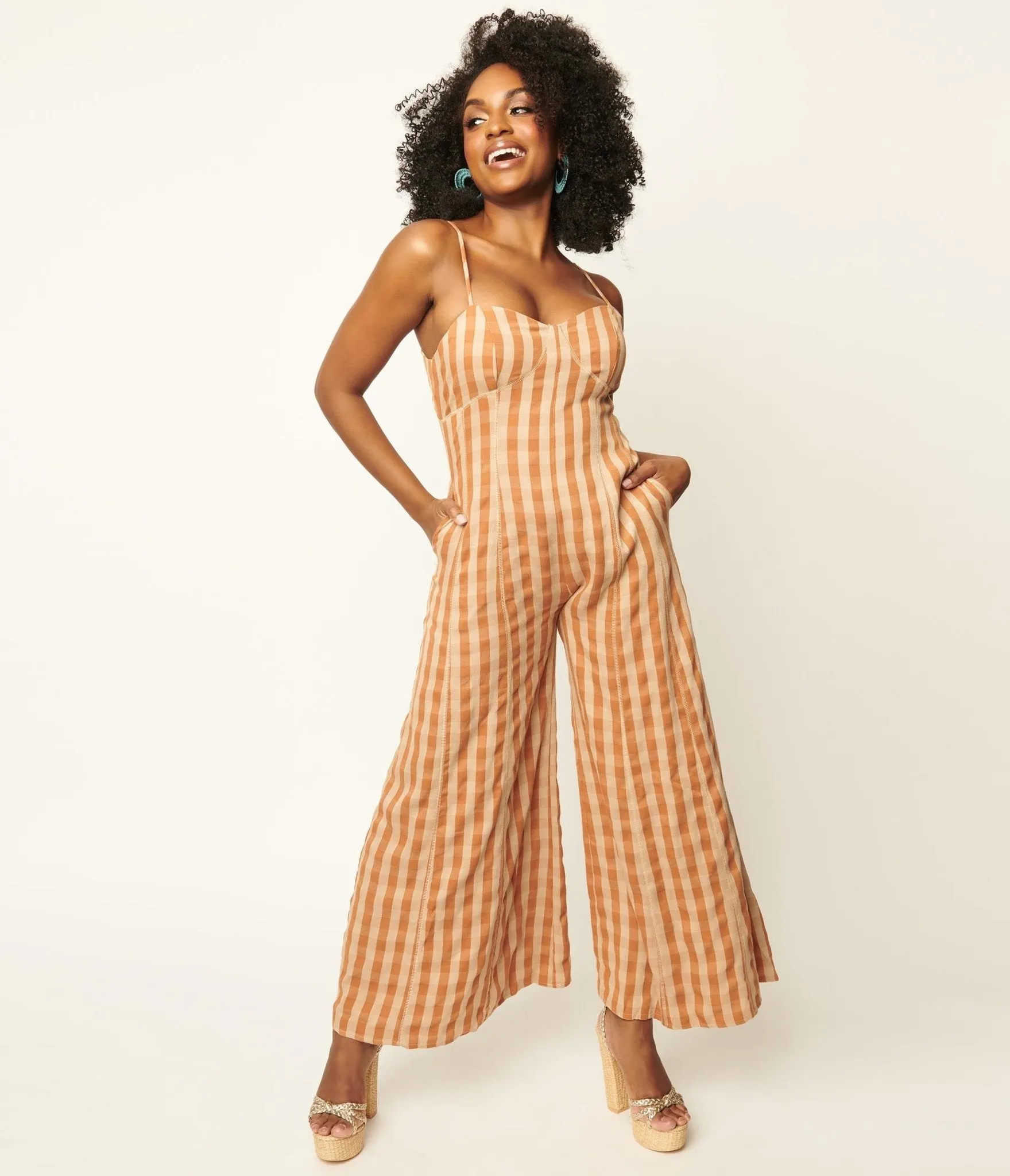 Rust Orange & Beige Gingham Jumpsuit