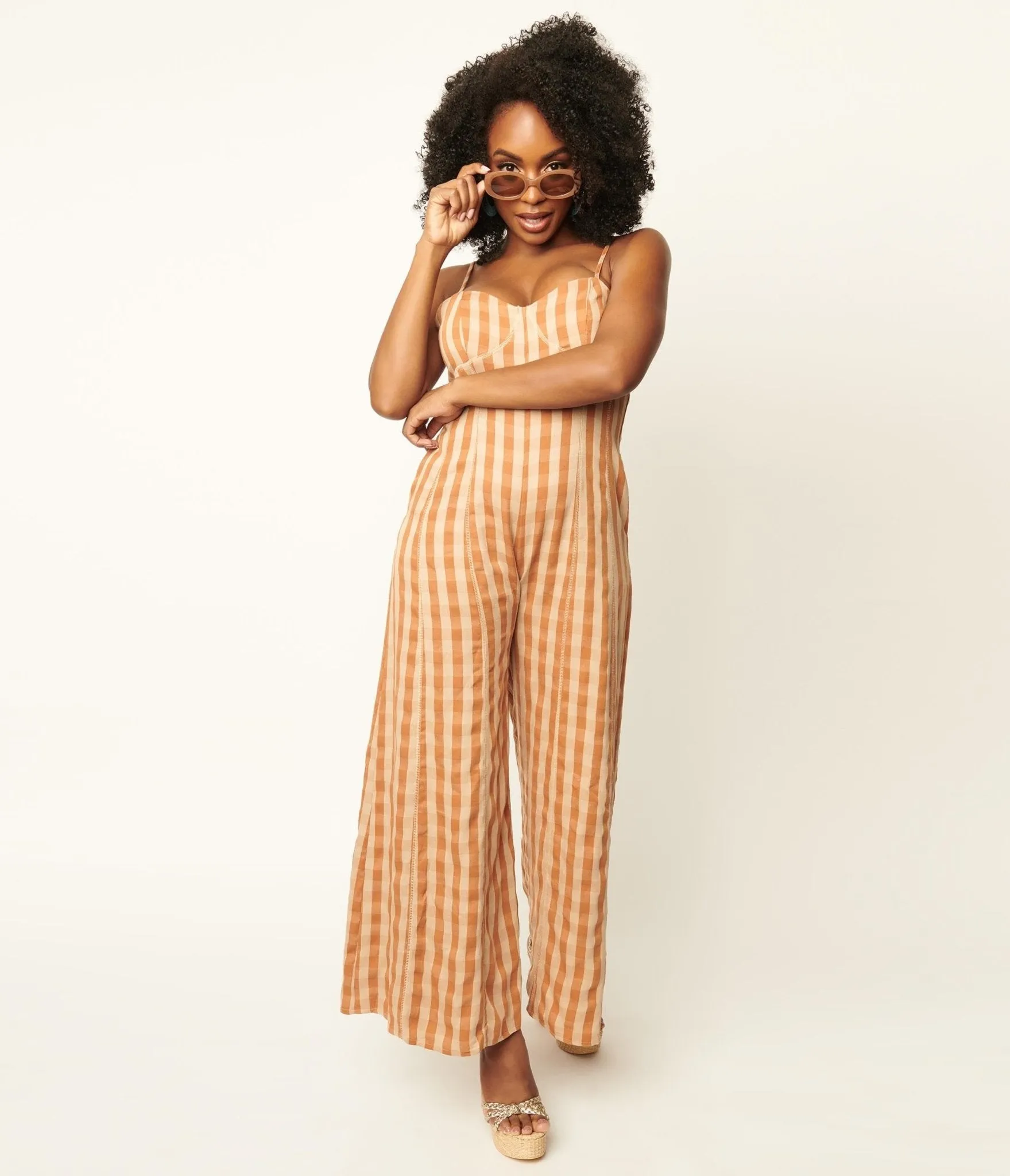 Rust Orange & Beige Gingham Jumpsuit