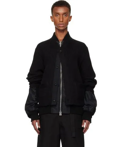 Sacai Black Nylon Knit Cardigan