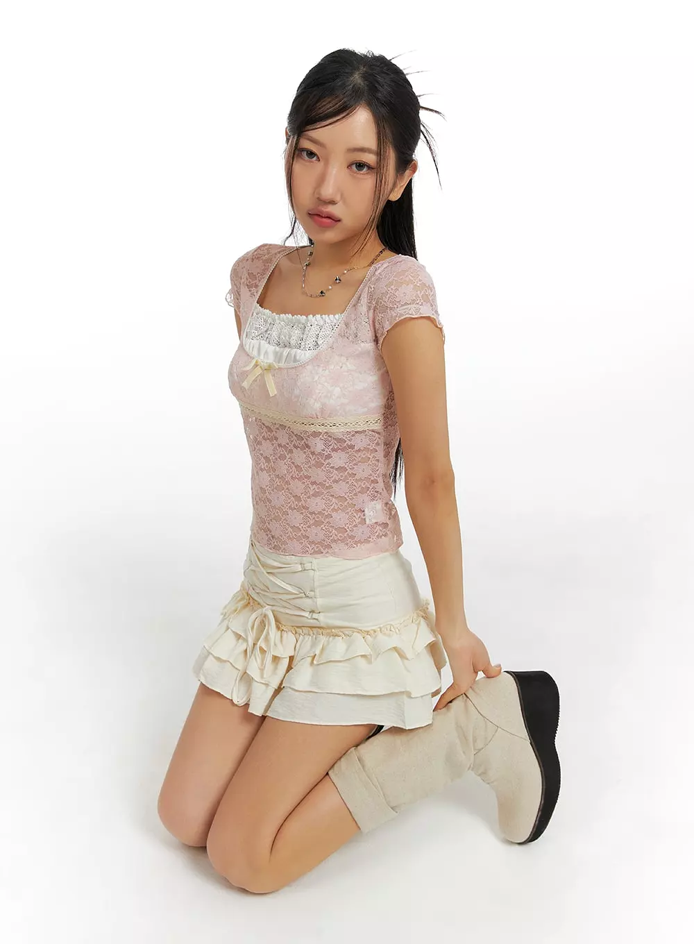 Shirred Ruffle Cotton Mini Skirt CF426