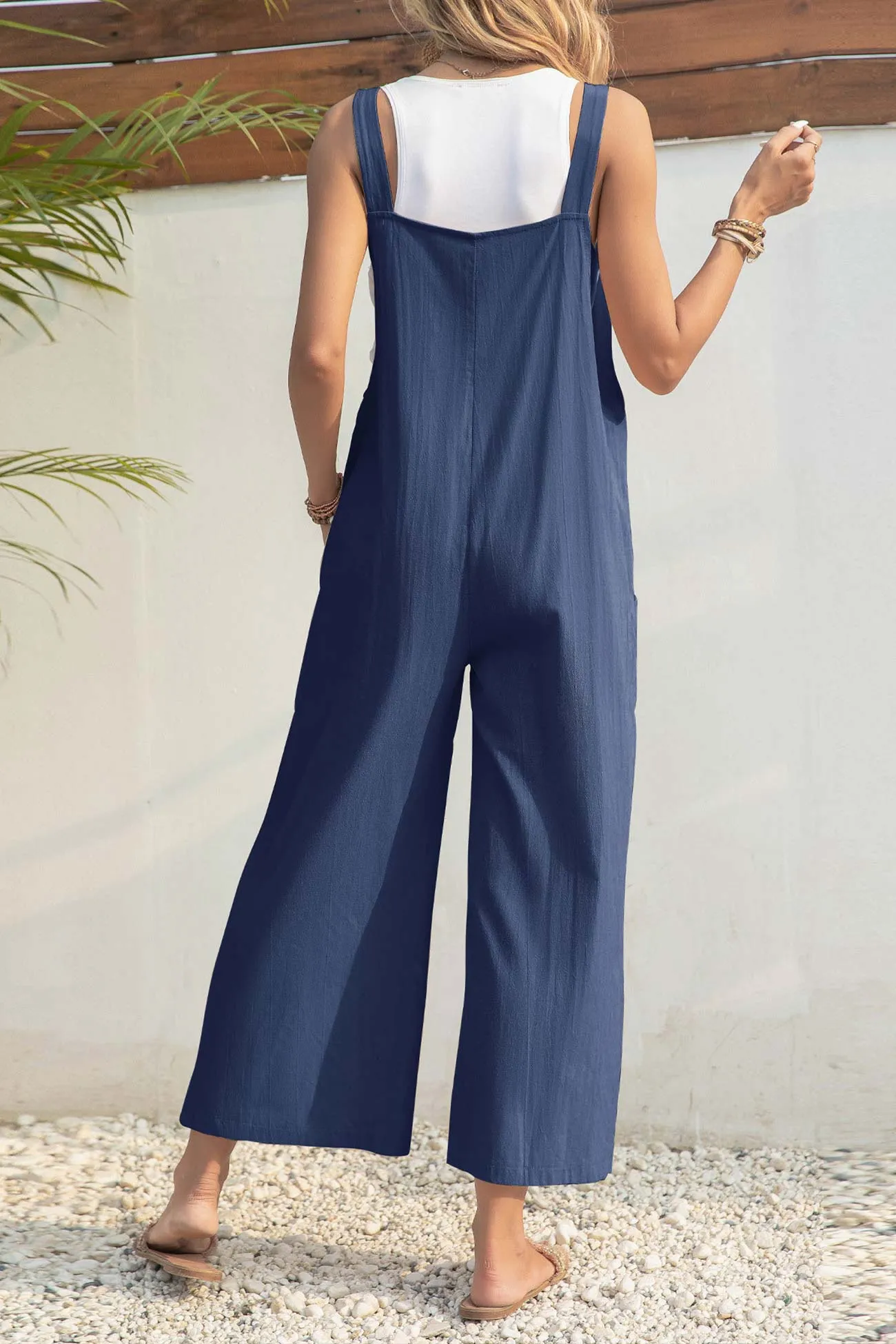 Solid Color Button Closure Pocketed Jumpsuits