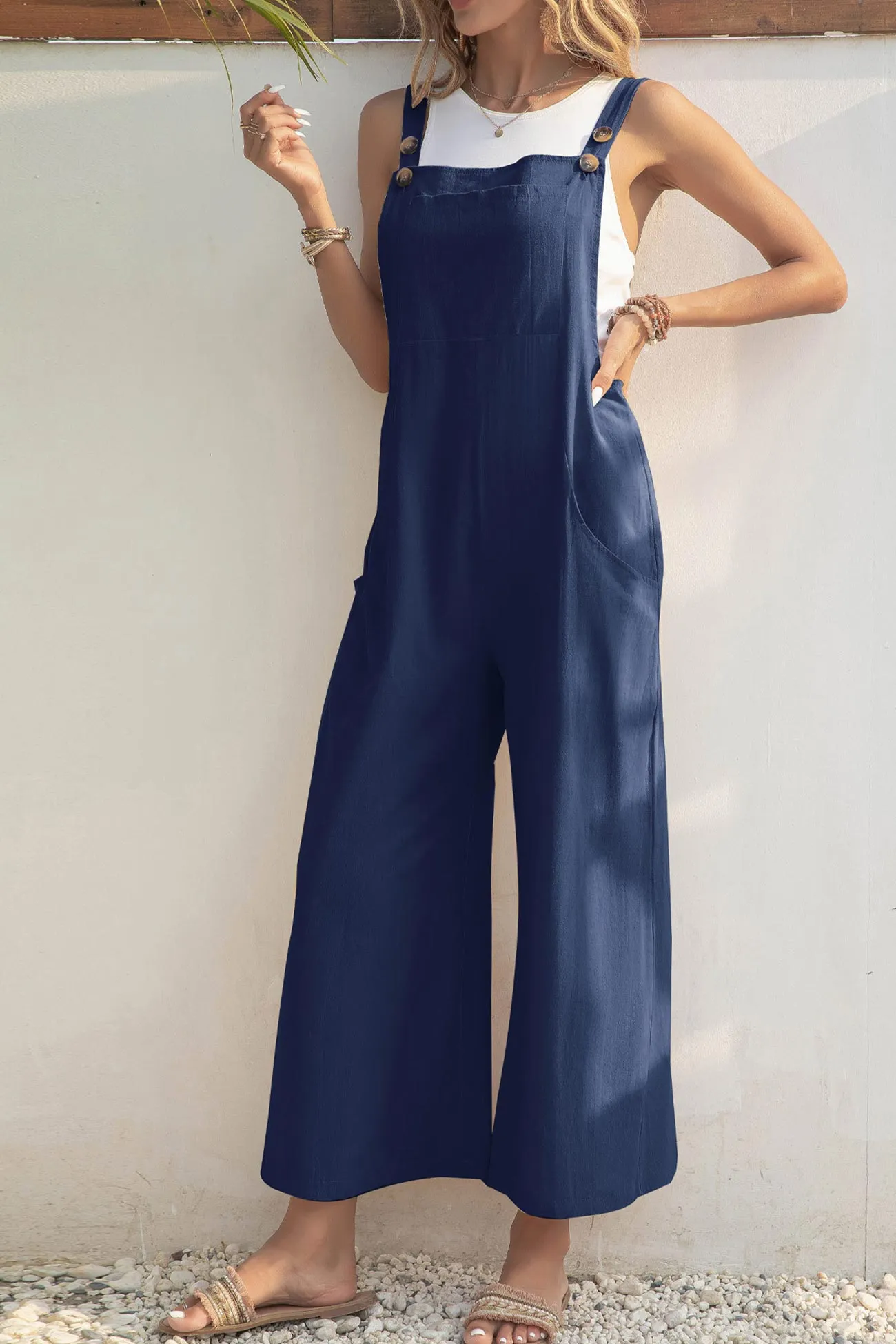 Solid Color Button Closure Pocketed Jumpsuits