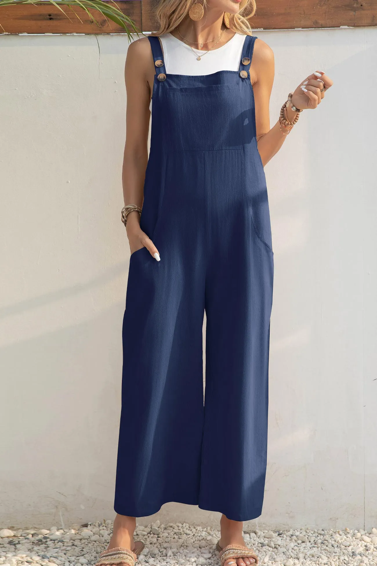 Solid Color Button Closure Pocketed Jumpsuits