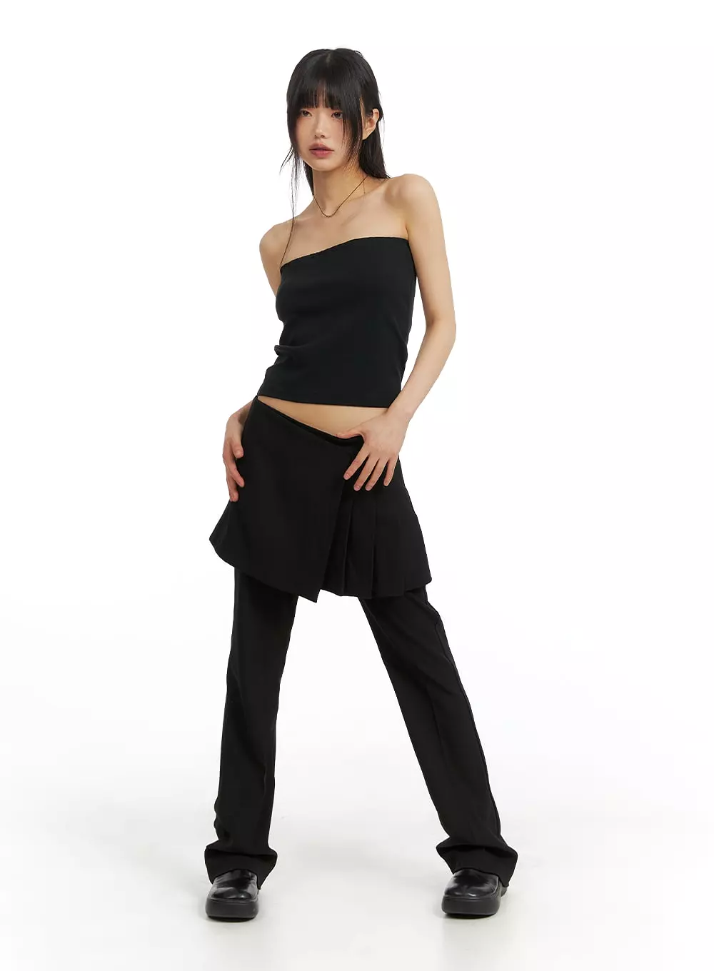 Solid Skirt Layered Straight Leg Pants CM412