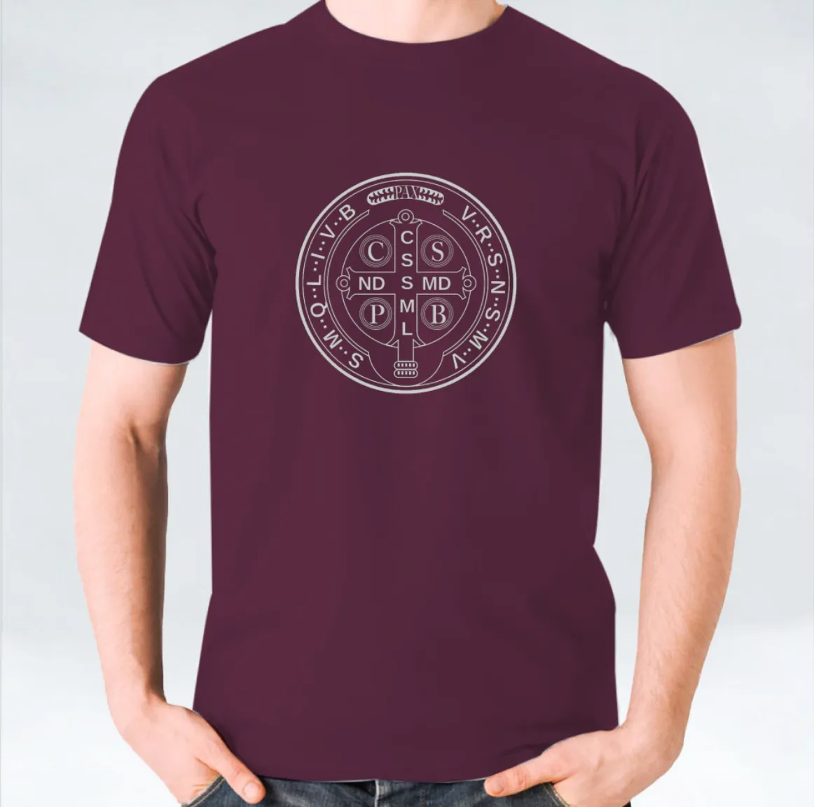 St Benedict Medal Unisex T-shirt - White/Black/Maroon