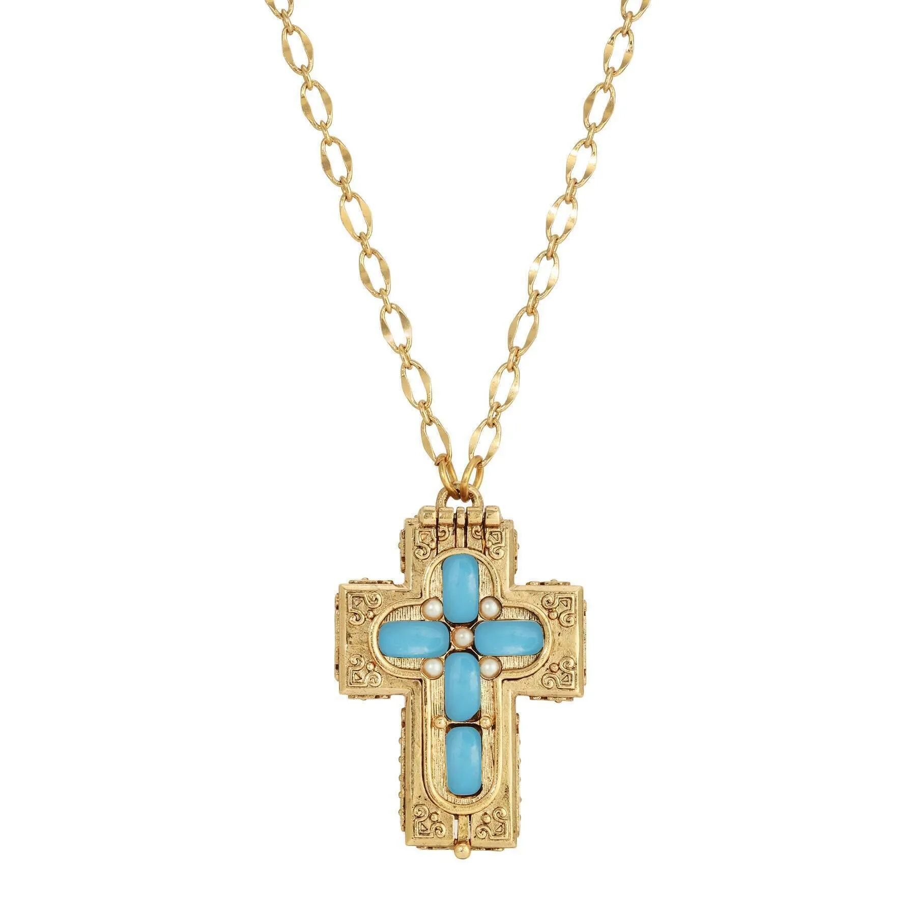 Symbols Of Faith Glass Stone Faux Pearl Cross Reliquary Pendant Necklace 32