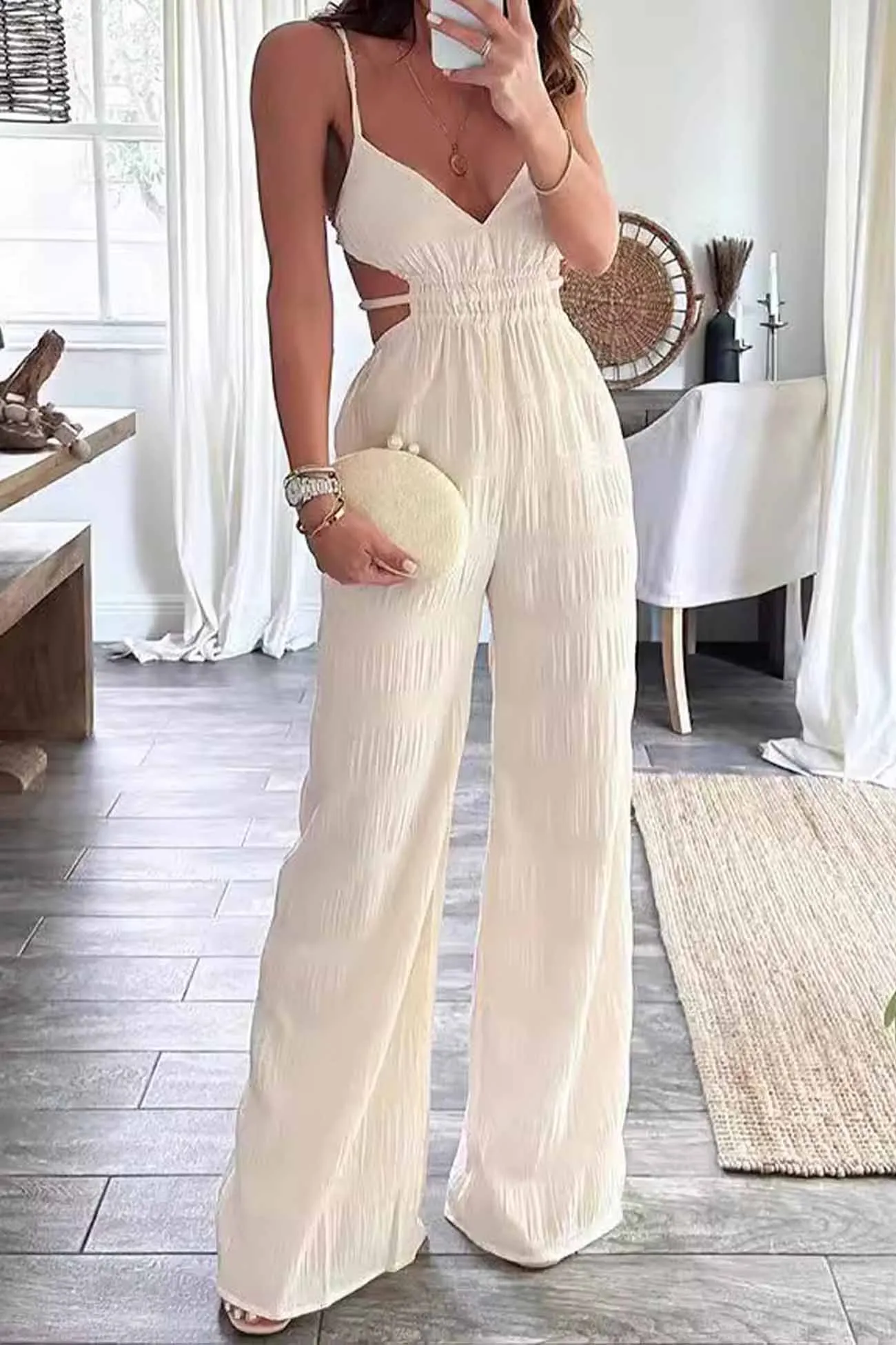 Textured Backless Spaghetti Straps Jumpsuits