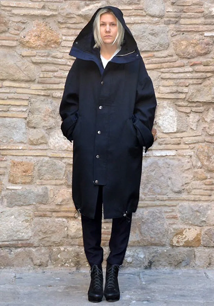 UJOH HOODED COCOON COAT NAVY