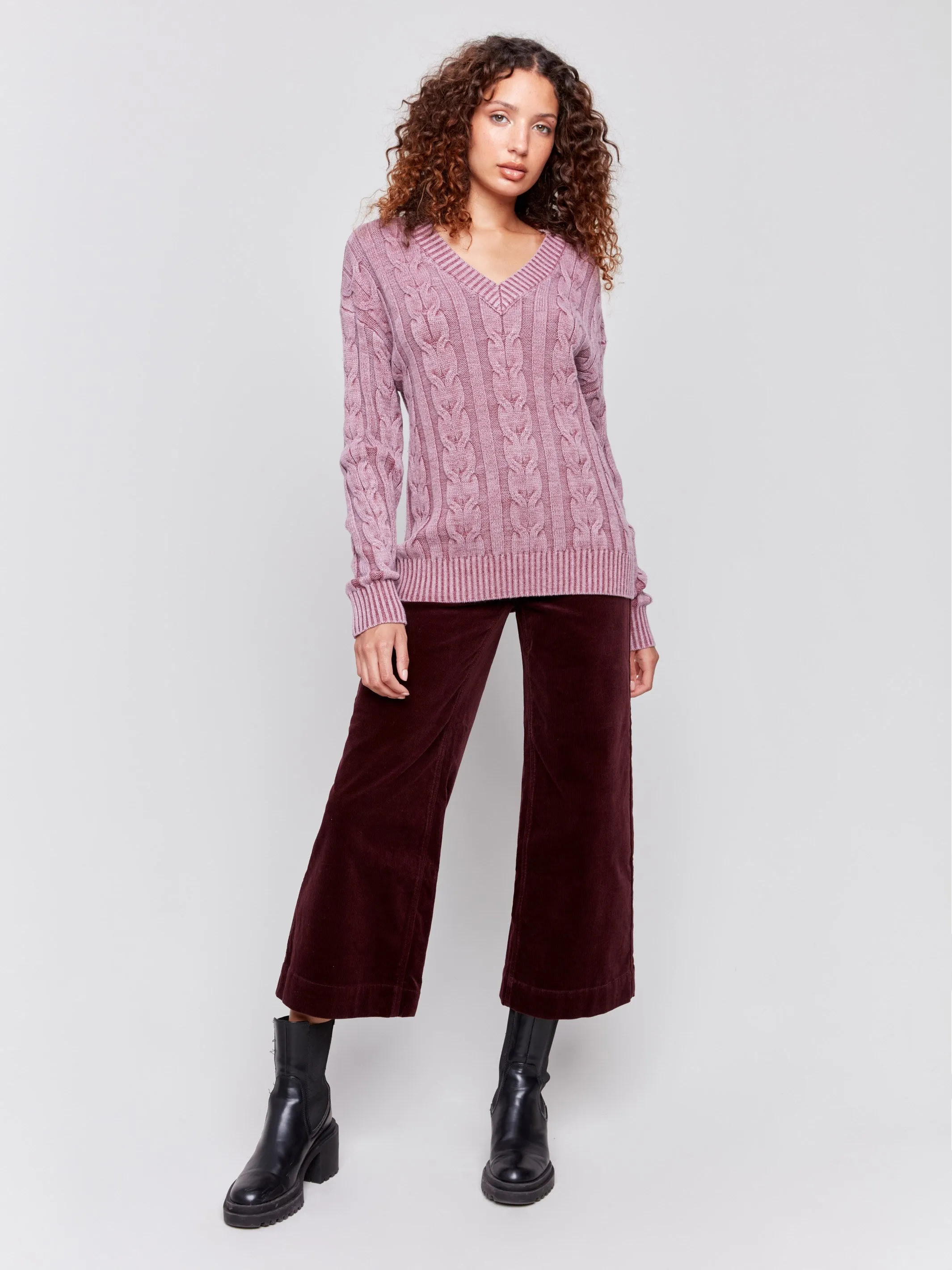 V-Neck Cable Knit Sweater - Cabernet