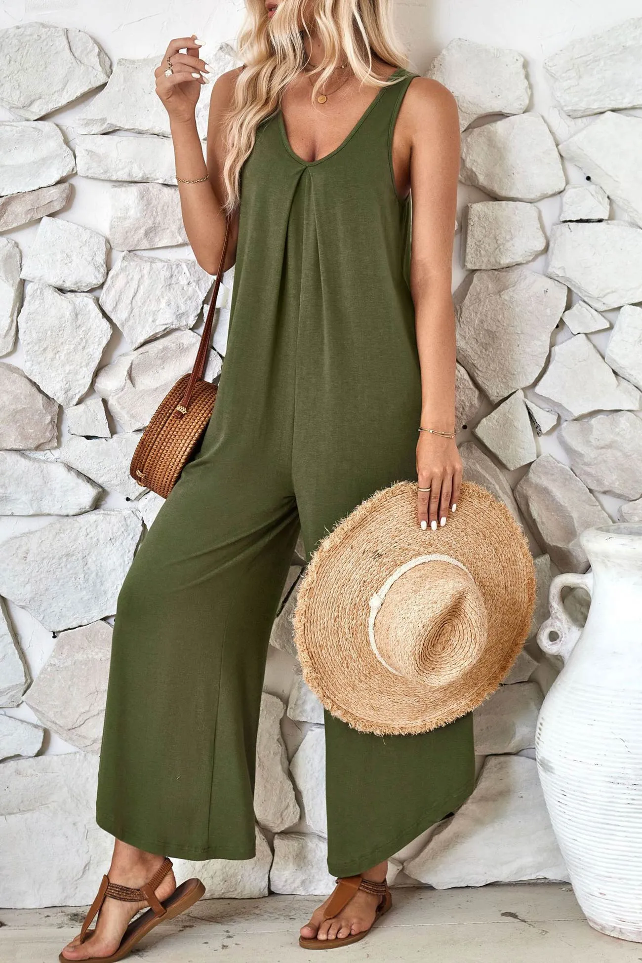 V Neck Solid Irregular Hem Cotton Jumpsuits