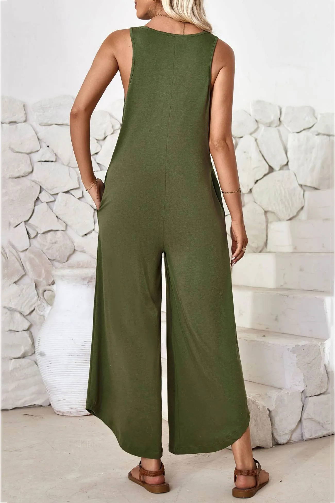 V Neck Solid Irregular Hem Cotton Jumpsuits