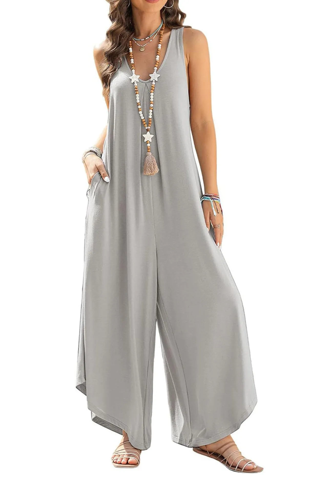 V Neck Solid Irregular Hem Cotton Jumpsuits