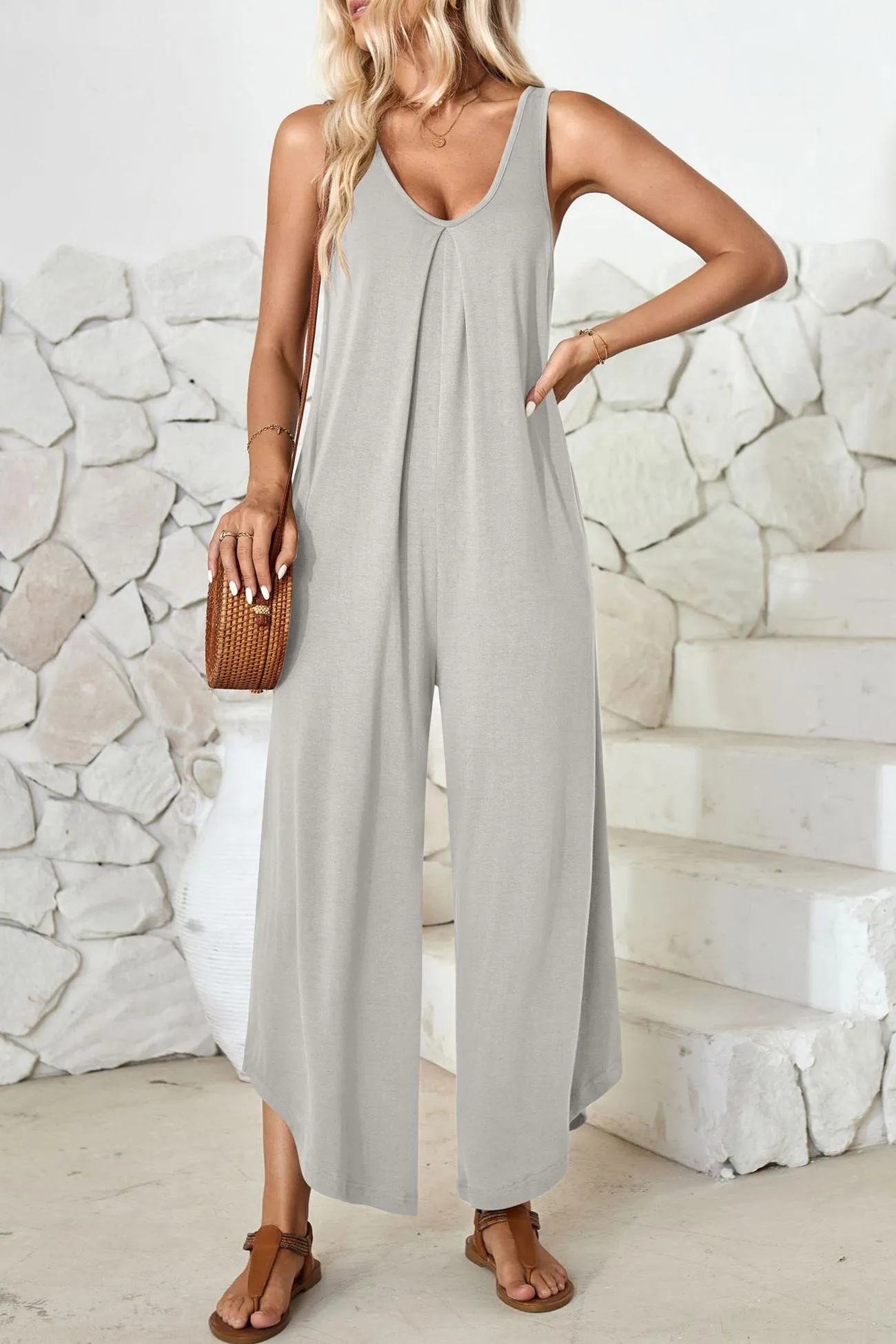 V Neck Solid Irregular Hem Cotton Jumpsuits