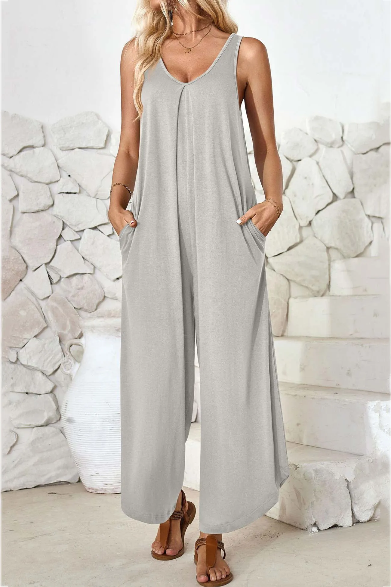 V Neck Solid Irregular Hem Cotton Jumpsuits