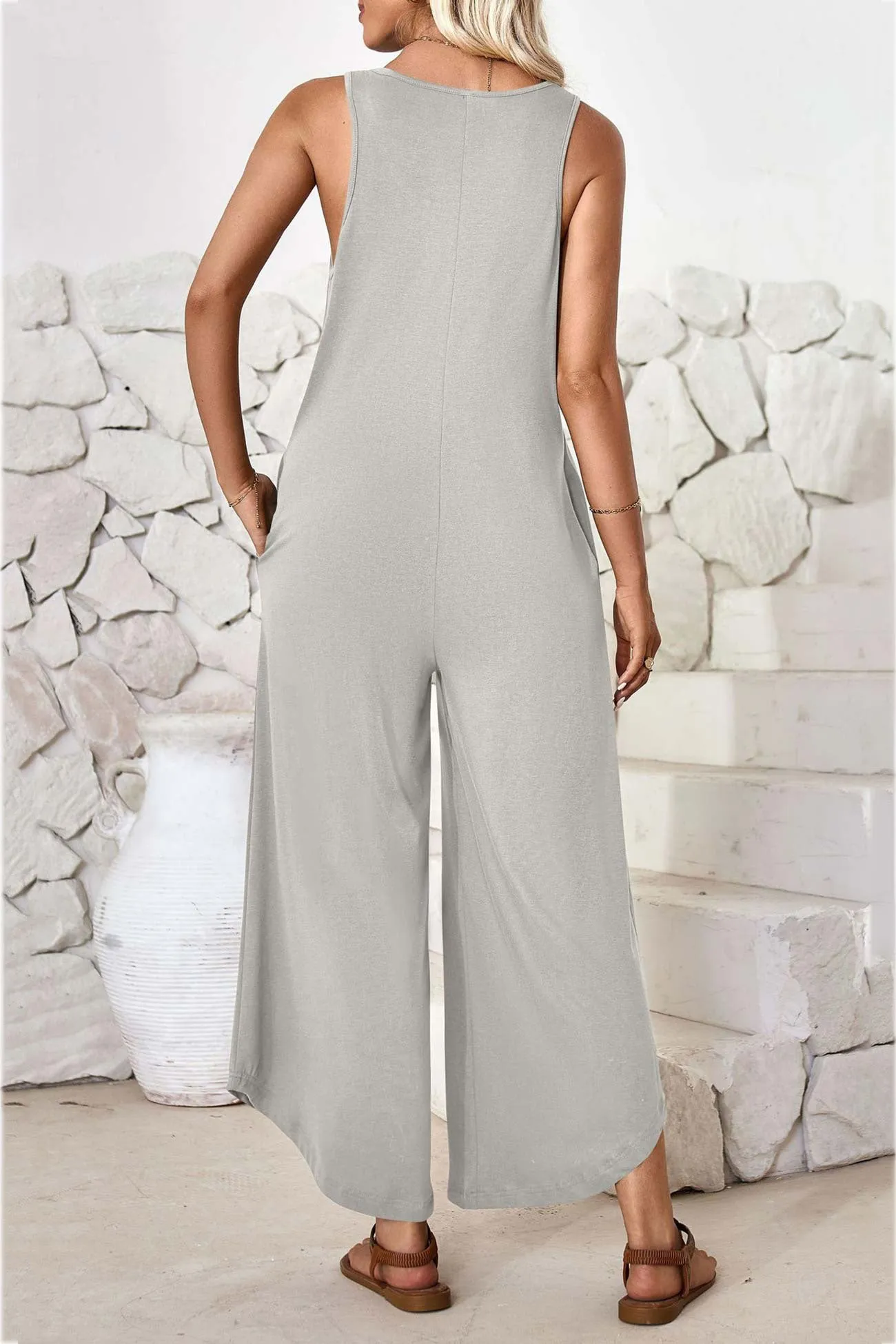 V Neck Solid Irregular Hem Cotton Jumpsuits