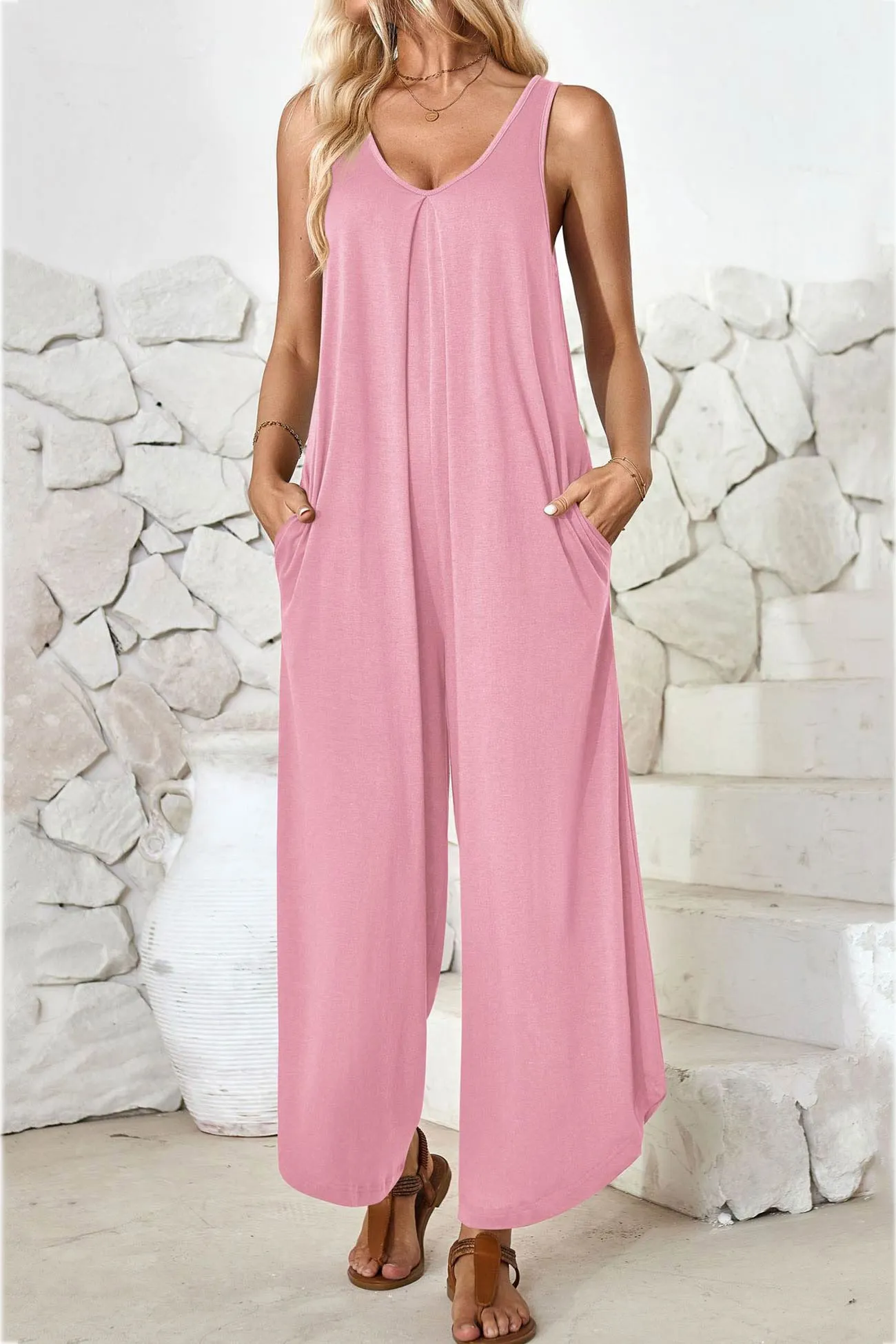 V Neck Solid Irregular Hem Cotton Jumpsuits