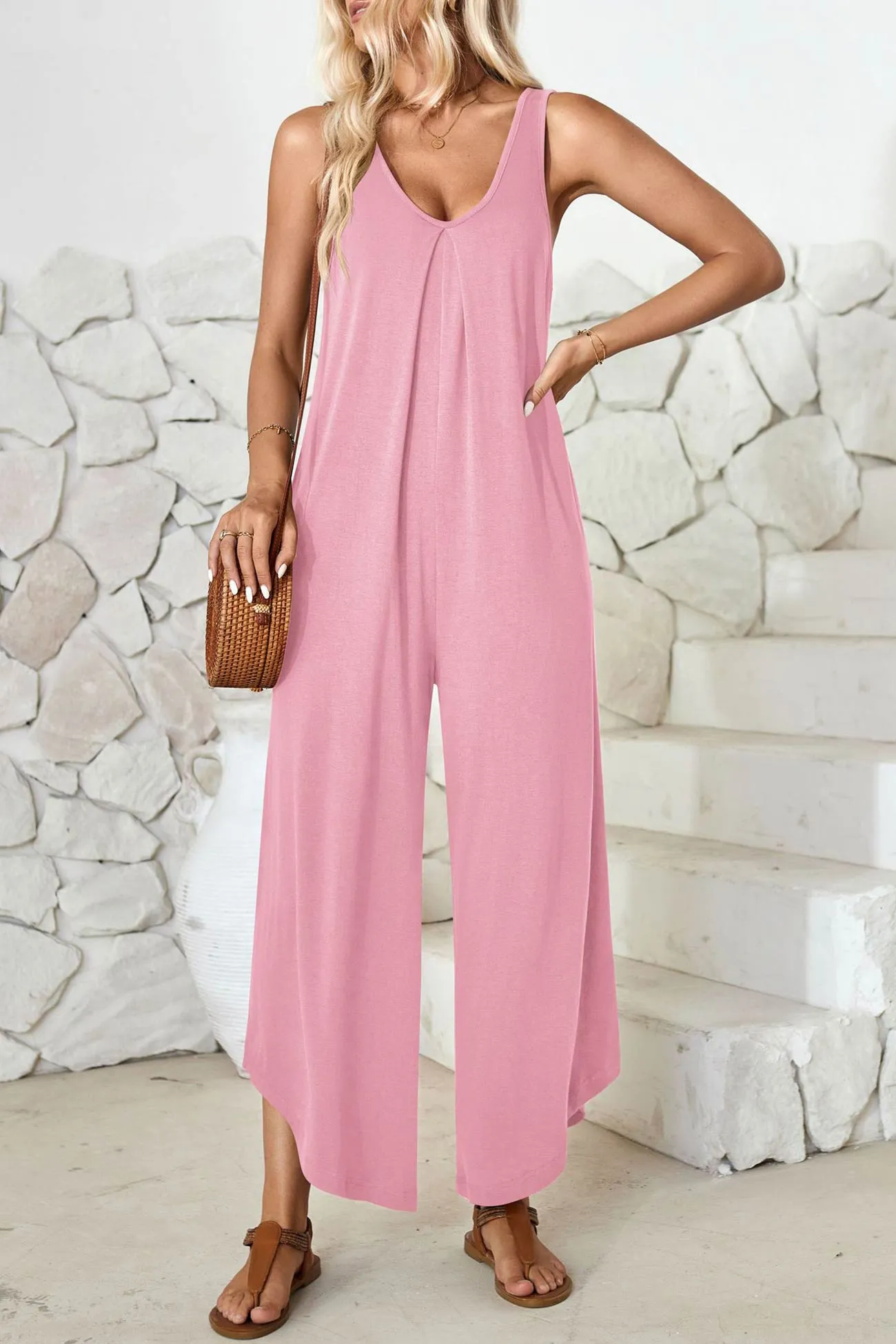 V Neck Solid Irregular Hem Cotton Jumpsuits