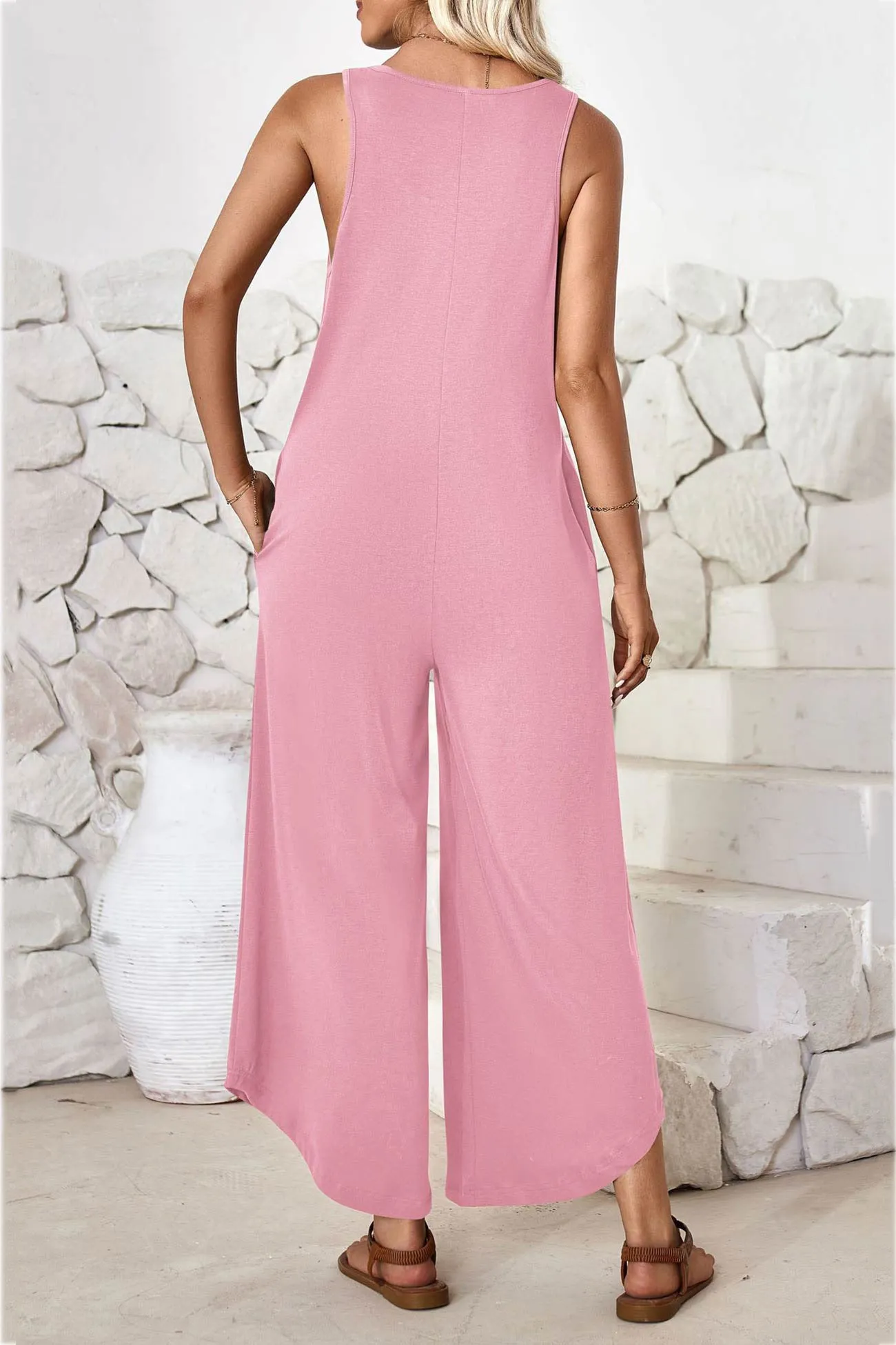 V Neck Solid Irregular Hem Cotton Jumpsuits