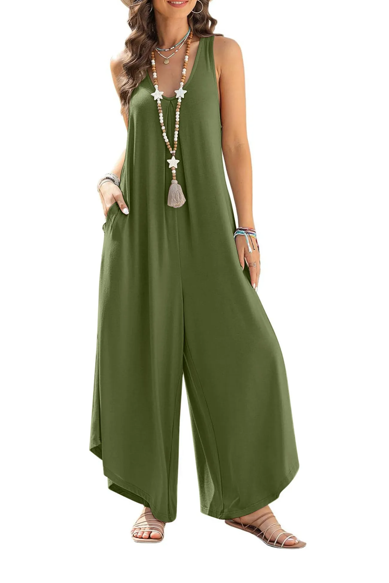 V Neck Solid Irregular Hem Cotton Jumpsuits