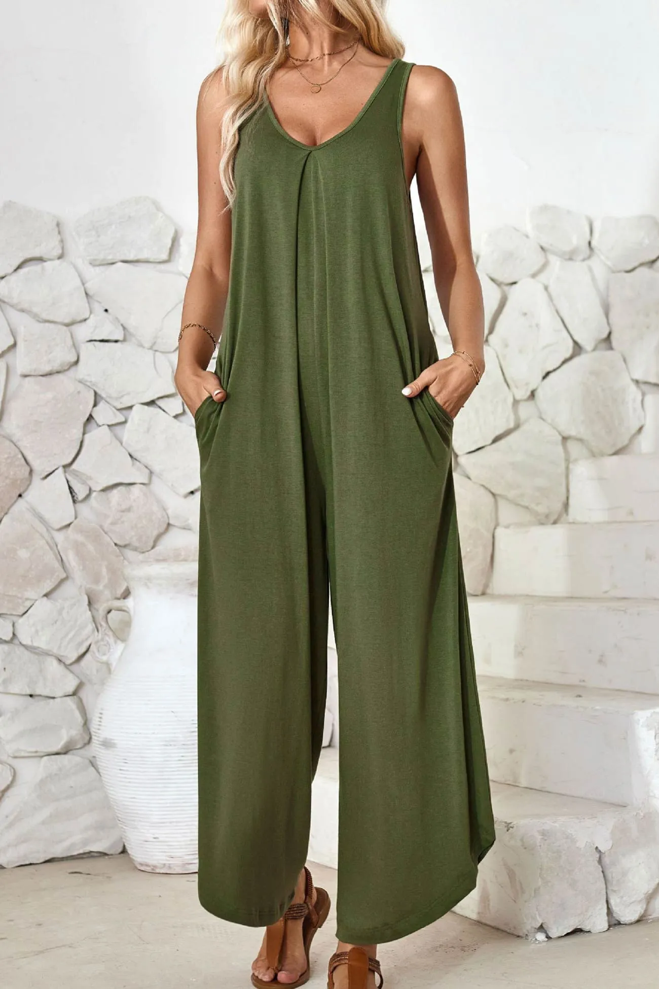 V Neck Solid Irregular Hem Cotton Jumpsuits