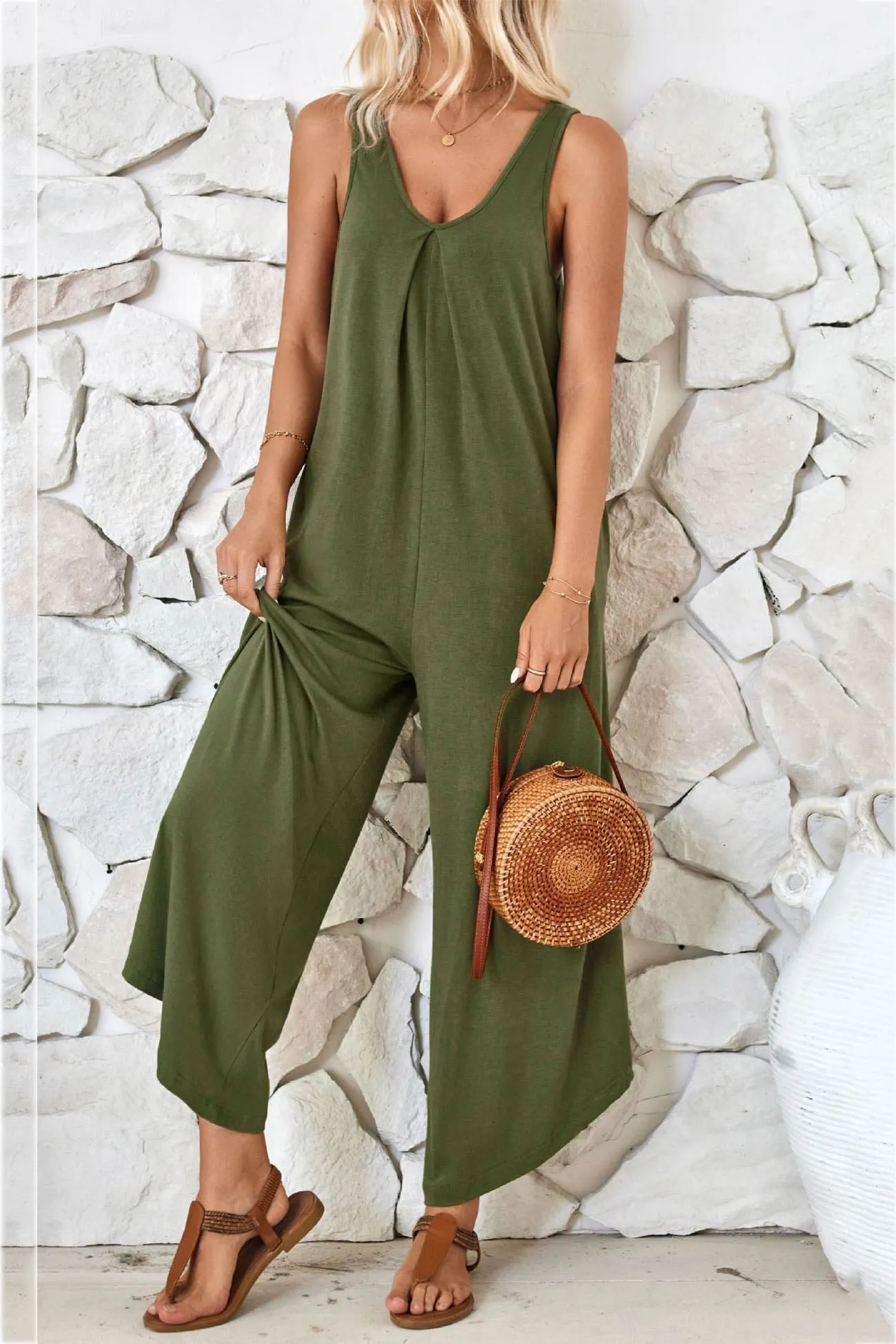 V Neck Solid Irregular Hem Cotton Jumpsuits