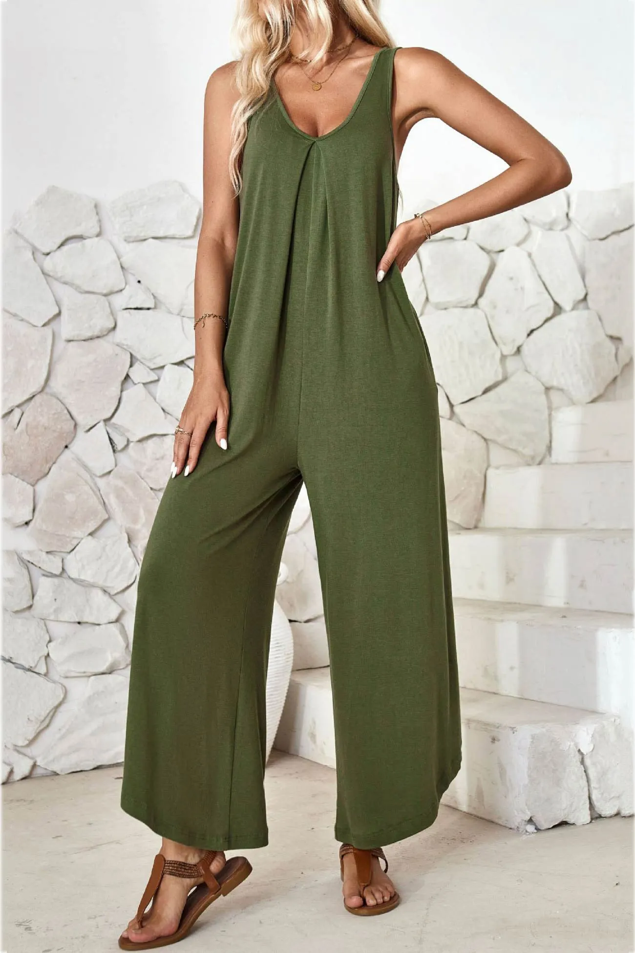 V Neck Solid Irregular Hem Cotton Jumpsuits