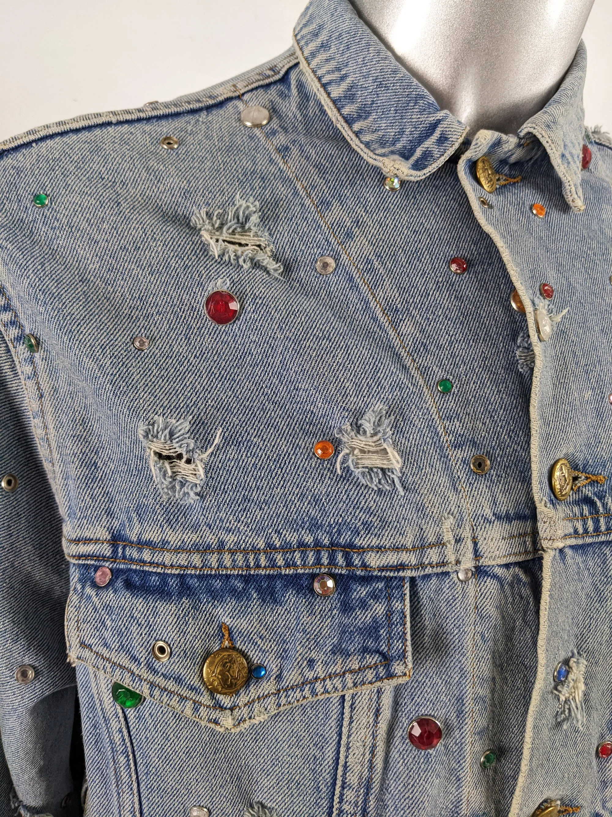 Vintage Mens Blue Denim Studded & Beaded Jacket, 1980s