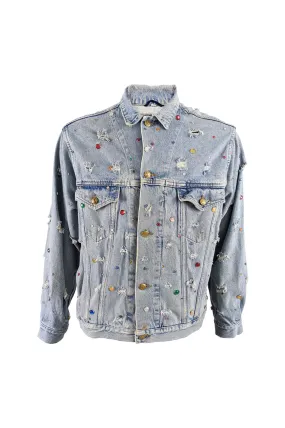 Vintage Mens Blue Denim Studded & Beaded Jacket, 1980s