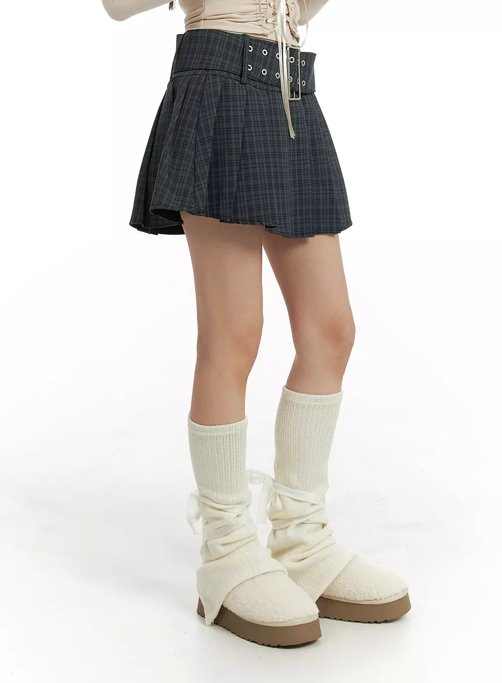 Wide Belt Checkered Mini Skirt CF429