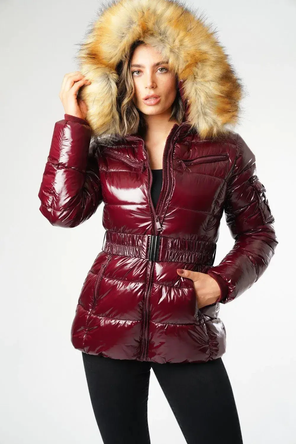 Wine wet look belted faux fur hood puffer Jacket